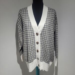 Barbour Women's Hebrides Plaid Cotton Cardigan Size 12 Cream Black Green Preppy